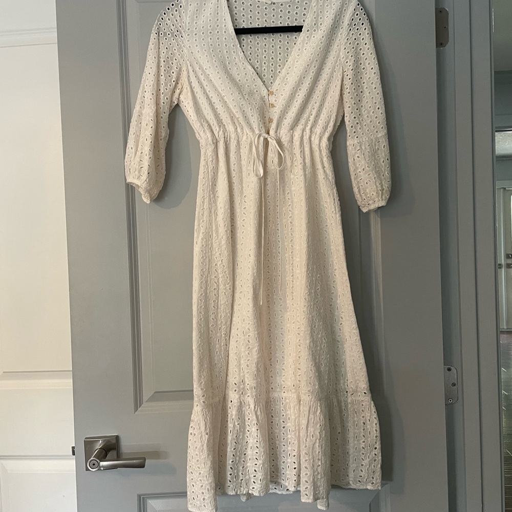 Elegant Long Sleeve Eyelet Dress in White